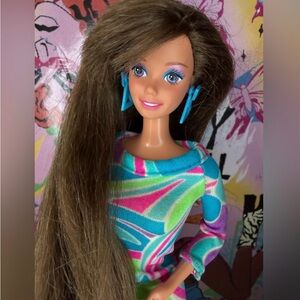 Totally Hair Barbie 1991 Teresa Brunette Long Hair Original Dress & Earrings 🔵